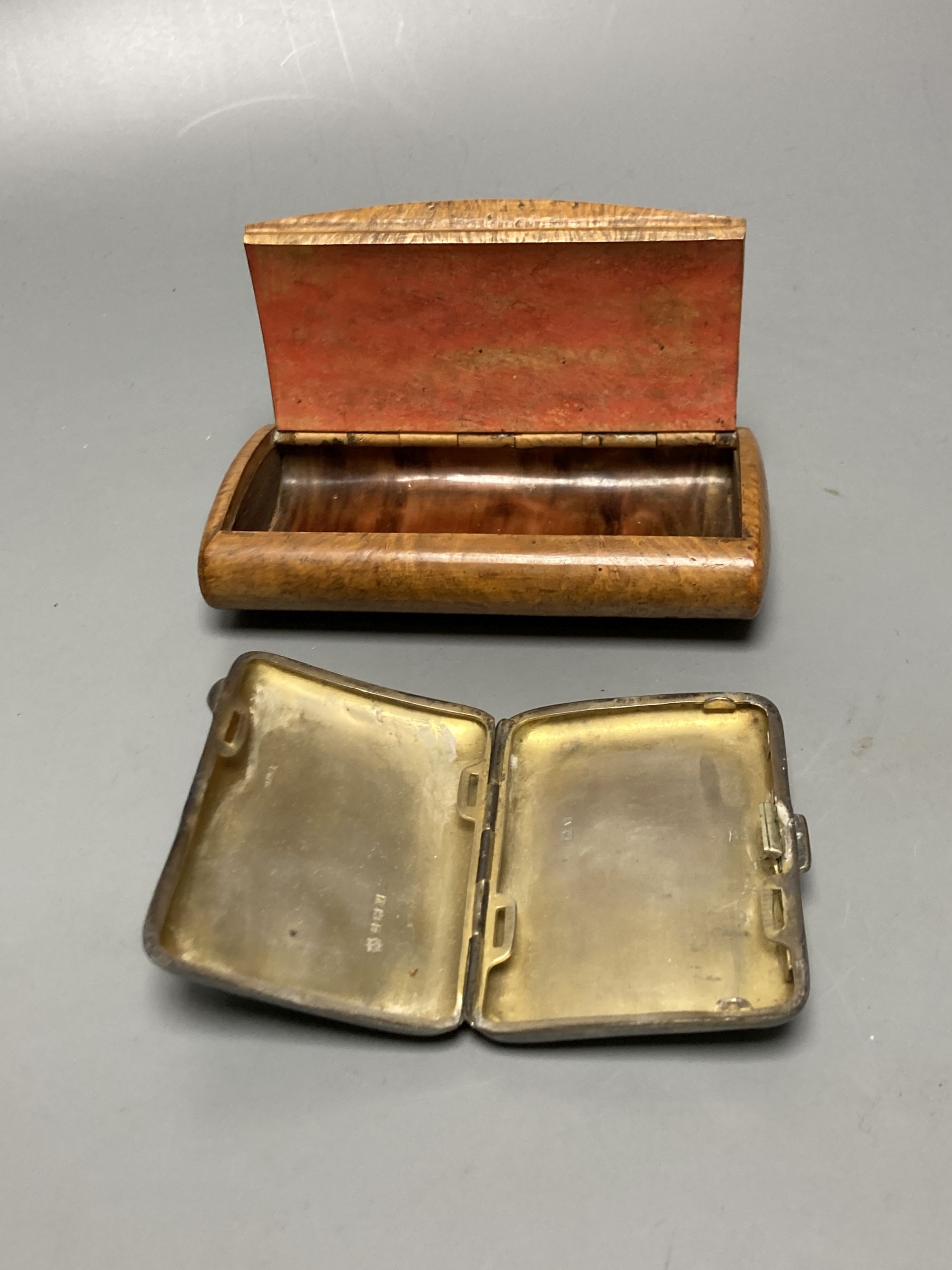 A large burr snuff box and a silver cigarette box, 8.5cm